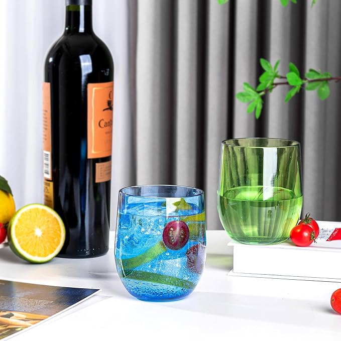 14-ounce Plastic Stemless Wine Glasses, All Purpose Arcylic Glasses, set of 8 Clear Reusable Shatter-resistant Dishwasher Safe