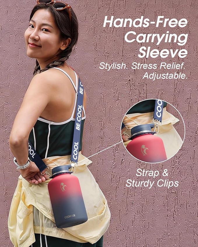 Coolflask Half Gallon Water Bottle with Strap, 64oz Insulated Water Jug Stainless Steel with Straw & Spout Lids, Metal Large Water Flask, Keep Cold 48h Hot 24h, Leak Proof, Non-BPA, Wine/Navy