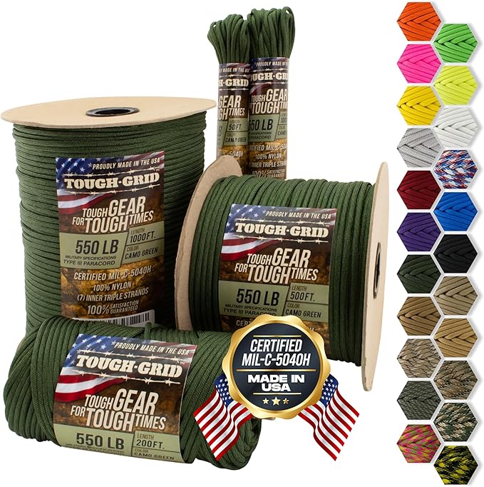 TOUGH-GRID 550 Paracord, Type III Mil-Spec Nylon Rope - 500 Ft Camo Green Tactical Survival Cord