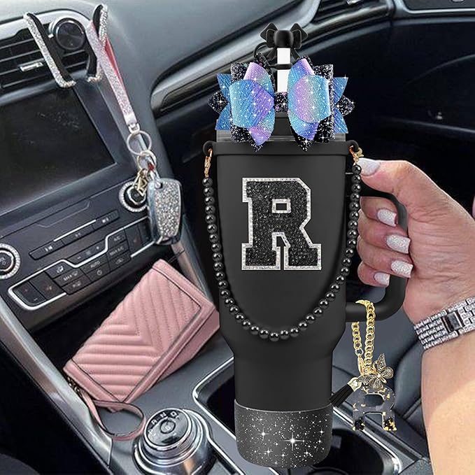 9PCS Black for Stanley Cup Accessories Set Bling Initials Bow Charms for Stanley Decorations 30/40 Oz Tumbler Accessories Including Bow Straw Topper, Handle Strap, Spill Stopper（Letter R）