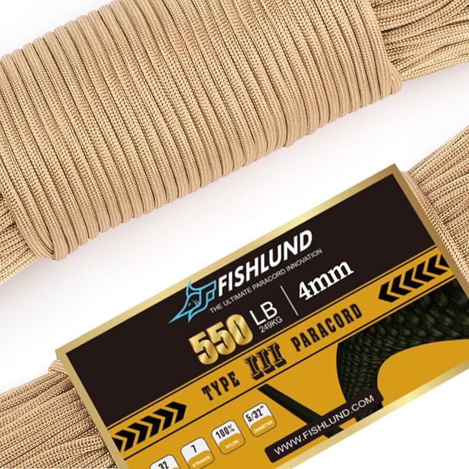 Paracord 550 lb, 7 Strand Paracord Rope 50ft 4mm, Nylon Parachute Cord for Camping, Desert Tan