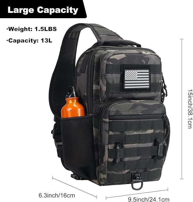 Rover Sling Pack Tactical Shoulder Sling Bag Backpack with Bottle Holder Crossbody Chest Bag, Black Camo