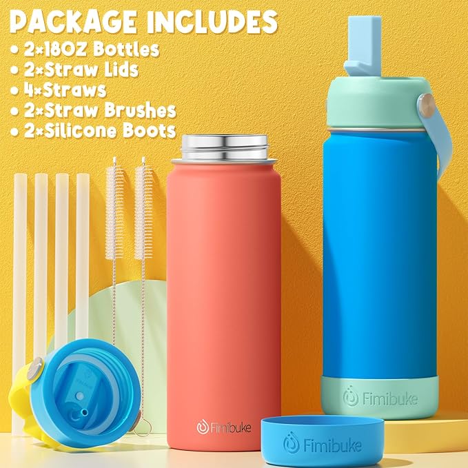 Fimibuke Kids Insulated Water Bottle, 18oz BPA FREE Kids Cups with Straw Double Wall Vacuum Tumbler 18/8 Stainless Steel Leak Proof Toddler Water Bottle for School Boys Girls (2 Pack, Milky Pastel)