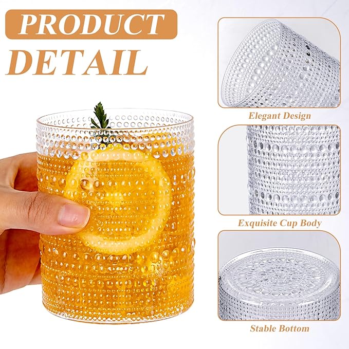 18PCS Plastic Hobnail Drinking Glasses - 14 Oz Clear Vintage Glasses Drinkware - Disposable Beaded Cups for Beer, Whiskey, Juice, Cocktail, Wine, Party (Pack of 2)