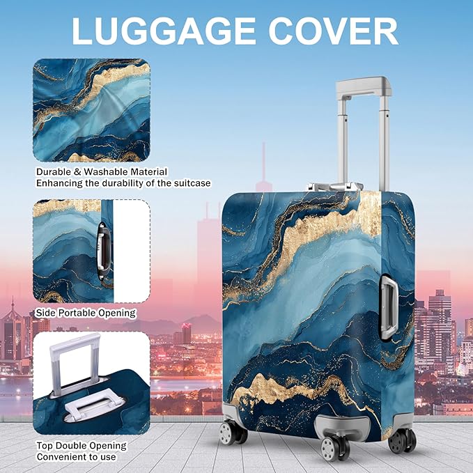 ANNA QUEEN Blue Marble Luggage Cover, Modern Gold Vein Abstract Design Suitcase Protector, Washable Stretchable Travel Sleeve for 32-34 Inch Luggage