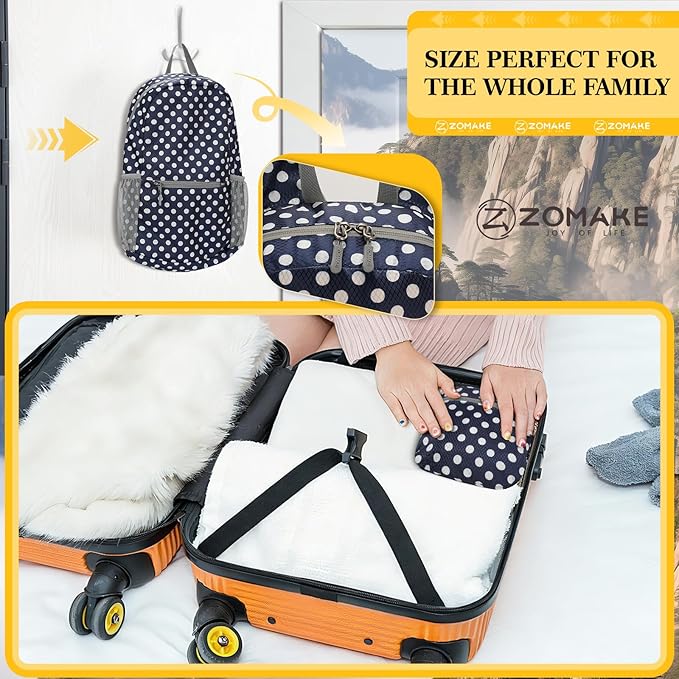 ZOMAKE Ultra Lightweight Hiking Backpack 20L, Packable Small Backpacks Water Resistant Daypack for Women Men(Navy Blue,White polka dots)