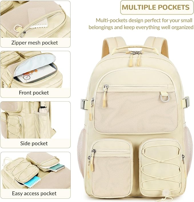 Lohol Water Resistant Backpack with Mulitiple Pockets for School Travel Outdoor College, 15.6 inch Laptop Bookbag for Girls and Women (Beige)