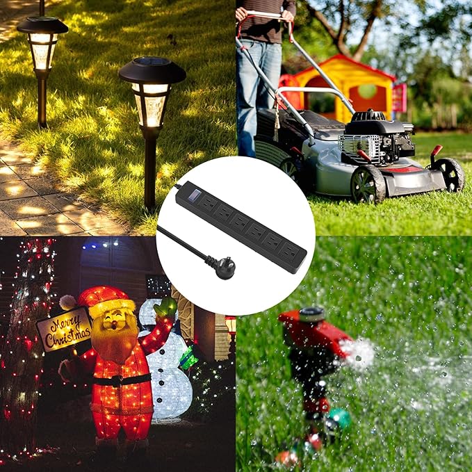 Outdoor Power Strip Waterproof with 6 Outlets, Garden Weatherproof Surge Protector, Christmas Multiple Outlet Exterior Socket for Lighting Appliances. 25FT Extension Cord Strip with Flat Plug. Black