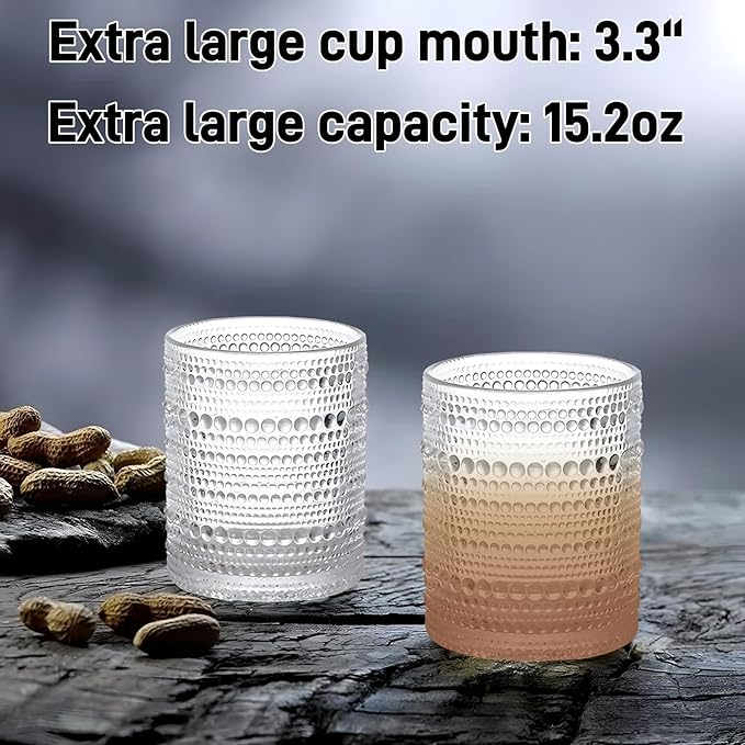 Set of 4 Hobnail Drinking Glasses,15.2 Oz Romantic Water Glasses, Clear Embossed Design Vintage Glassware, Cocktail Glasses, Beaded Drinking Glasses for Water, Beer, Juice(15oz+4")