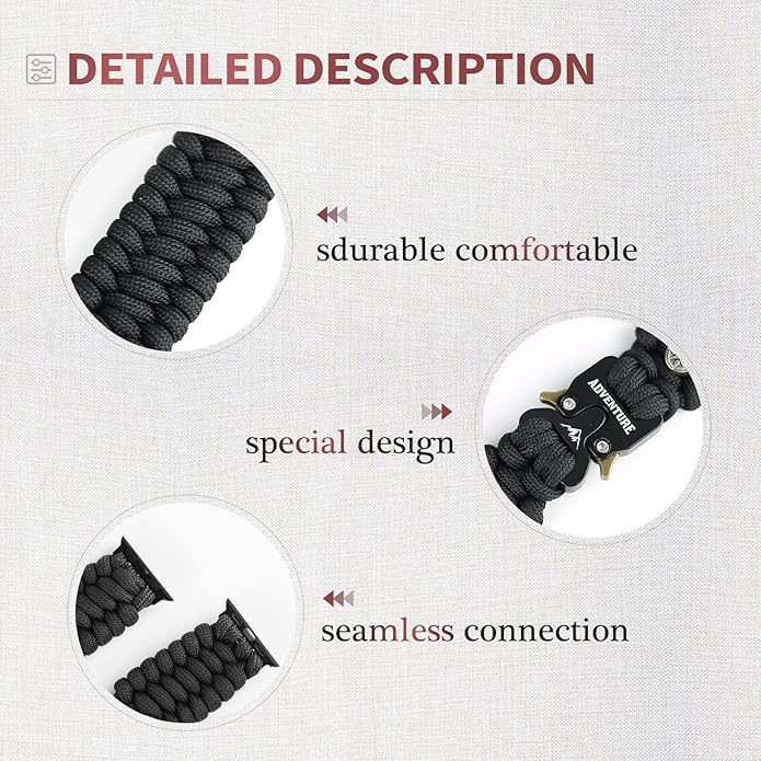 Paracord Band Compatible with Apple Watch Band 38mm 40mm 41mm 42mm 44mm 45mm, Robust Survival Tactical Weave Strap with Stainless Steel Buckle Quick Release for iWatch Series SE 7 6 5 4 3 2 1 for Men