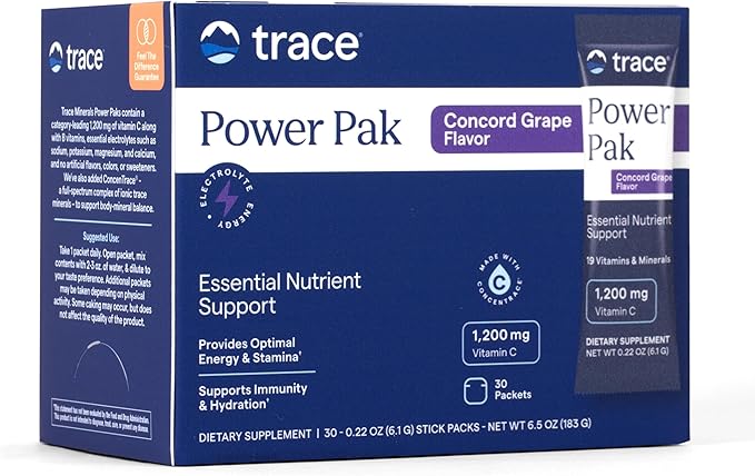 Trace Minerals | Power Pak Electrolyte Powder Packets | 1200 mg Vitamin C, Zinc, Magnesium | Boost Immunity, Hydration and Natural Energy | Concord Grape | 30 Packets