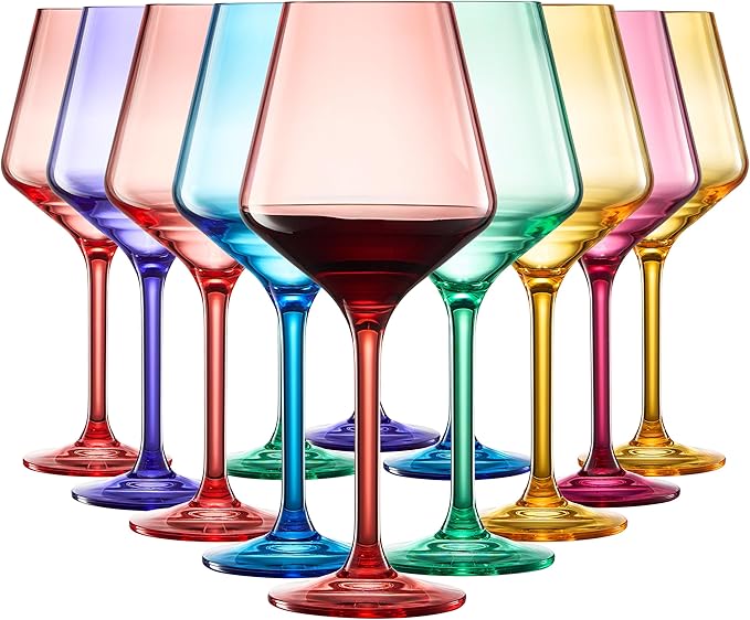 European Style Plastic Crystal Unbreakable Stemmed Wine Glasses | Set of 12 | Acrylic Glasses Tritan Bright Colors Shatterproof BPA-free, Outdoor, Pool, Indoor, Hand Wash 17oz Gift, Everyday & Holiday