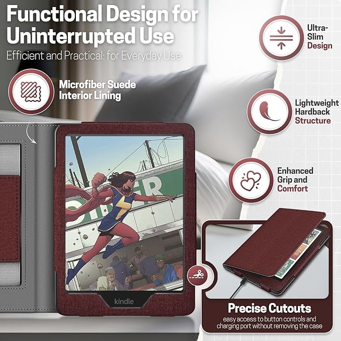 TNP Stand Case with Strap for Kindle Paperwhite 12th Gen 2024 / Kindle Colorsoft Signature Edition - 7" PU Leather Protective Folio Cover with Auto Wake/Sleep & Card Slot, Dark Red