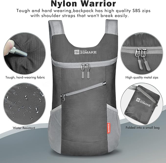 ZOMAKE Lightweight Packable Backpack,Foldable Backpacks Small Daypack for Hiking Water Resistant Day Bag for Travel(14L,Medium Grey)