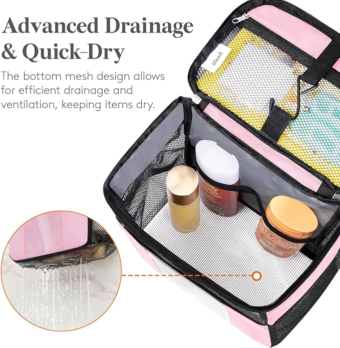 Lifewit Mesh Shower Caddy Bag Portable, Quick Dry Hanging Bathroom Organizer with PVC Phone Bag, College Dorm Room Essentials for Travel, Gym, Camping, Toiletry Tote for Women Men, Large, Pink