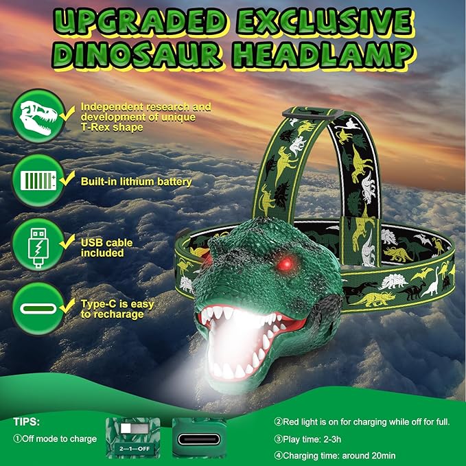 Nitigo Dinosaur Headlamp for Kids Flashlight Rechargeable Led Dino Head Lamp Roar & Silent Mode, T-Rex Dinosaur Toys for Kids 3 4 5 6 7 8, Camping Gear, Easter Gifts for Boys Girls Adults