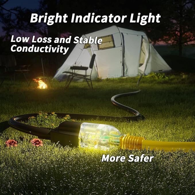 PlugSaf 100ft 12/3 Gauge Outdoor Extension Cord Waterproof with Lighted Indicator,12 Gauge SJTW Heavy Duty 15Amp 1875W,3 Prong Cords Flexible Yellow ETL Listed