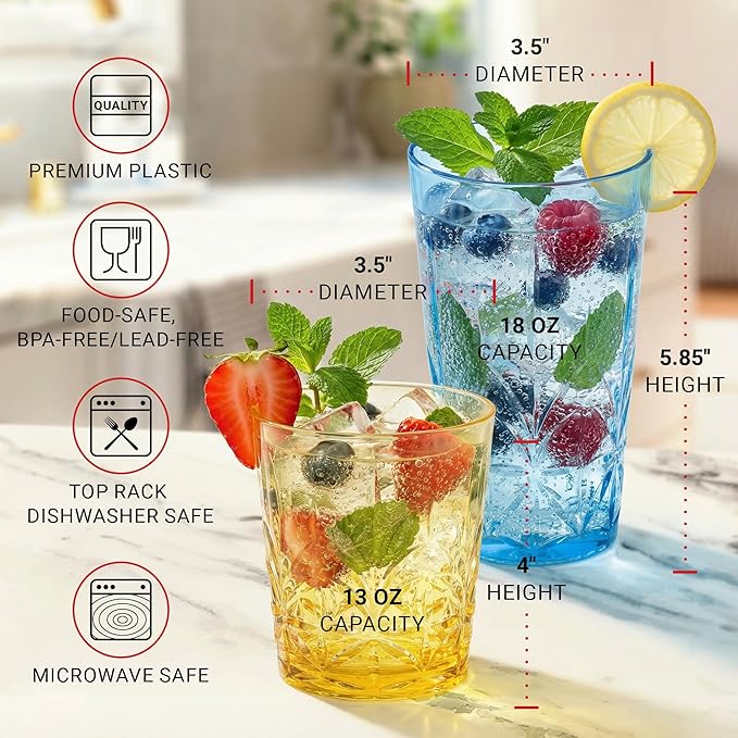 Bravario Royal Plastic Drinking Glasses, 13 and 18 oz Set of 12, Plastic Cups Reusable Dishwasher Safe, Premium Juice & Water Tumblers for Home Kitchen Pool Party, BPA-Free Durable Mixed Colors Gift