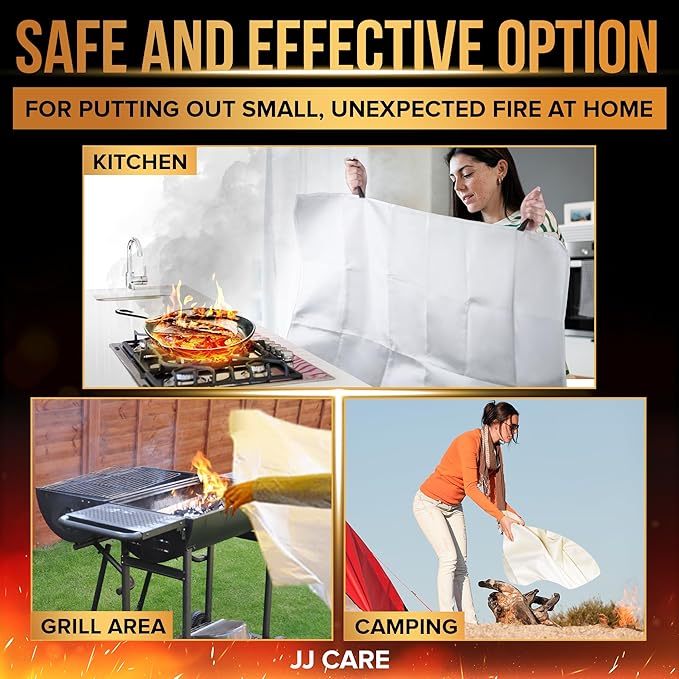 JJ CARE Fire Blanket – 4 Packs with Hooks and Gloves – 40” x 40” Fire Blankets Emergency for Home and Kitchen, High Heat Resistant and Flame Protection for Kitchen, Car, Office, Camping & Home Safety