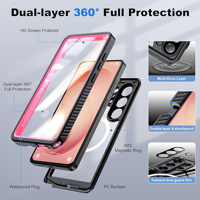 ANTSHARE IP68 Waterproof Case for Samsung Galaxy S26 Ultra [2026] - MagSafe Compatible, Built-in Screen/Lens Protector - Shockproof Full Body Protection for Swimming/Outdoor, Pink/Clear