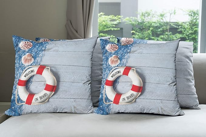 Ambesonne Coastal Throw Pillow Cushion Case Pack of 4, Welcome on Board Message on Life with Fishing Net Seashell Wood Floor of Boat, Modern Accent Double-Sided Digital Printing, 24", Dust Blue
