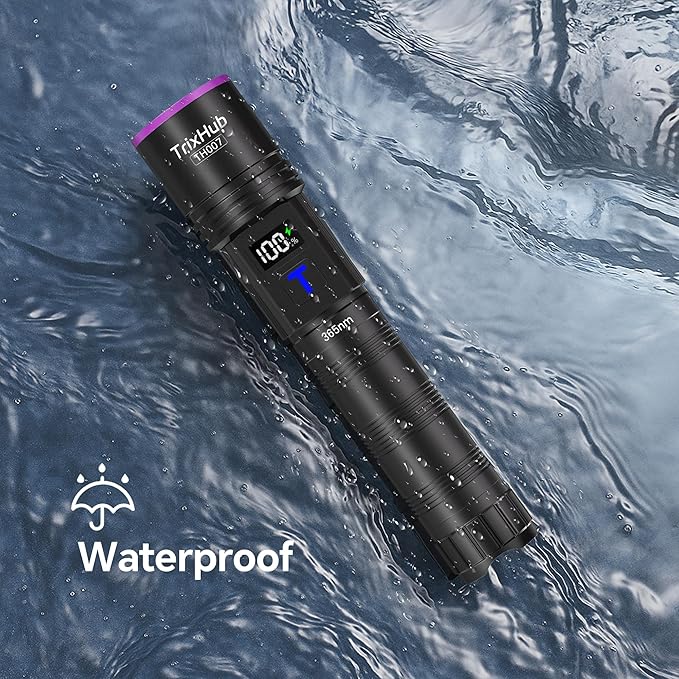 TrixHub 365nm Black Light Flashlight, UV Flashlight Rechargeable with LCD Display, Powerful Ultraviolet Lights for Pet Urine Detection, Resin Curing, Rockhounding, Scorpion, Uranium Glass, A/CLeak