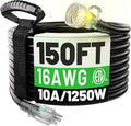 POWGRN 150FT 16 3 Outdoor Extension Cord Waterproof, Flexible 3 Prong Cold Weatherproof Extension Cord, 10 AMP 1250W, Black ETL
