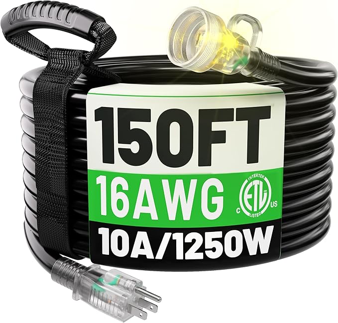 POWGRN 150FT 16 3 Outdoor Extension Cord Waterproof, Flexible 3 Prong Cold Weatherproof Extension Cord, 10 AMP 1250W, Black ETL