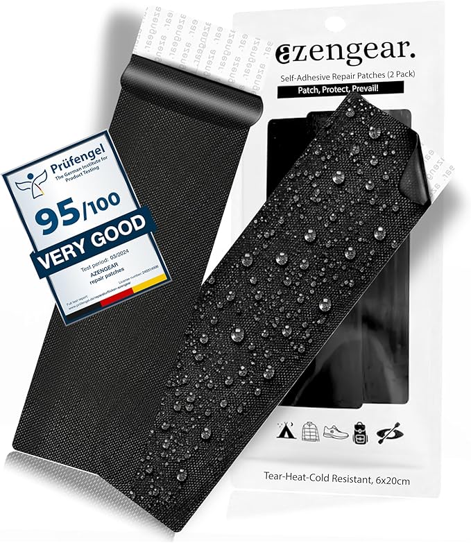 aZengear Jacket Repair Patches (2 Pack) - Self-Adhesive, Waterproof, Tear-Cold-Heat-Resistant Polyester to Fix Rips in Tents, Down Jackets, Puffers, Snowsuit, Shoe, Upholstery (Black)