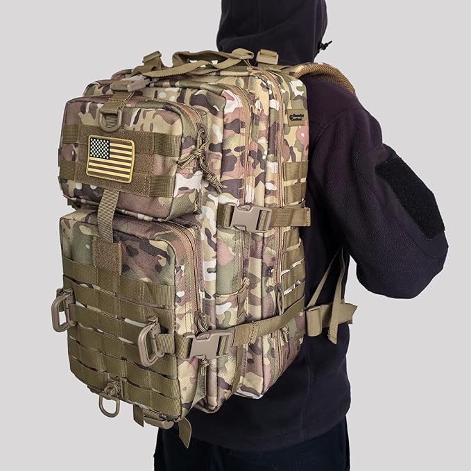 Hannibal Tactical MOLLE Assault Backpack, Tactical Backpack Military Army Camping Rucksack, 3-Day Pack Trip w/USA Flag Patch, D-Rings, Cp