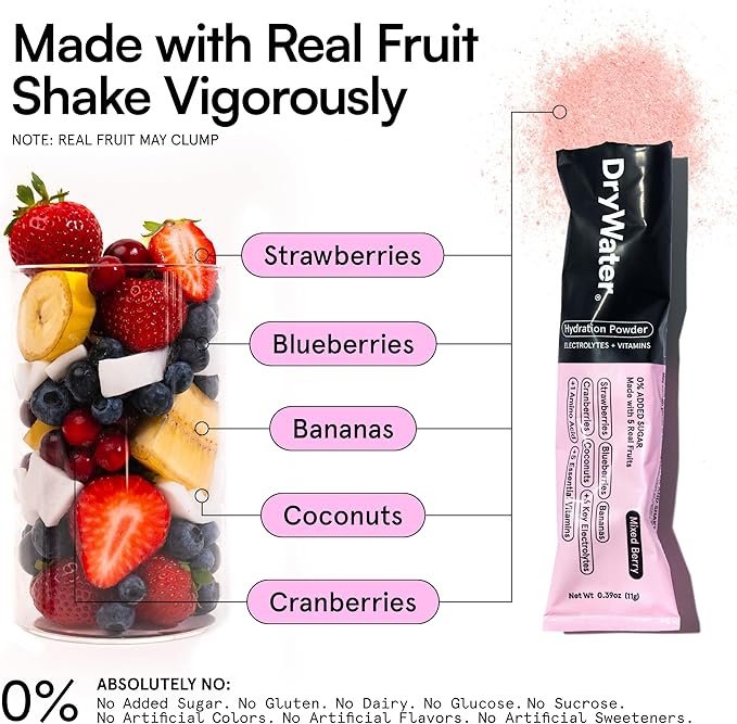 DryWater Electrolyte Powder Packets, Mixed Berry - Hydration Packets Drink Mix with Zero Added Sugar for Rehydration & Energy - 6 Key Electrolytes, 5 Essential Vitamins & 5 Real Fruits - 12 Pack