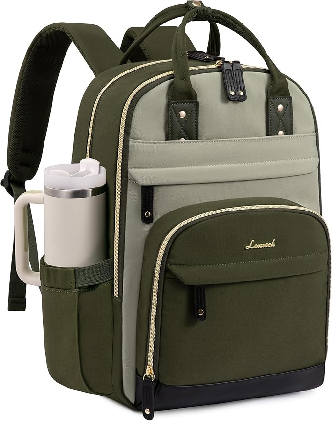 LOVEVOOK Laptop Backpack for Women with Giant Tumbler Holder Pocket,18.4 inch School College Book Bag Nurse Teacher Backpack,Work Travel Backpack Laptop Computer Bag,Olive green-Bean green-Kelp green