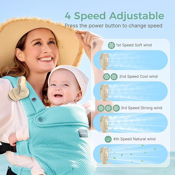 Momcozy Portable Stroller Fan with Clip | 4-Speed Mini-Fan for Carrier | Personal Fans Ultra Light 0.26lb | Gaps ≤4.5mm | Handheld Cooling | Rechargeable Rotate for Diaper Backpack/Table/Chair