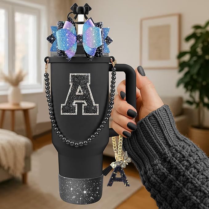 9PCS Black for Stanley Cup Accessories Set Bling Initials Bow Charms for Stanley Decorations 30/40 Oz Tumbler Accessories Including Bow Straw Topper, Handle Strap, Spill Stopper（Letter A）