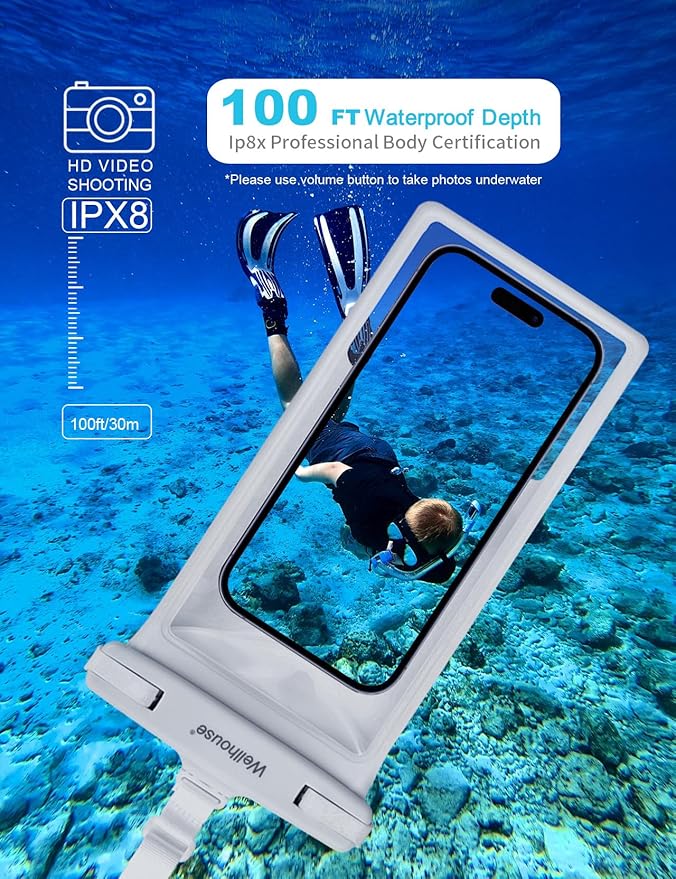 wellhouse Waterproof Phone Pouch, Waterproof Phone Case for iPhone 17 16 15 14 13 Pro Max XS Samsung, IPX8 3D Cellphone Dry Bag Beach Essentials (1 Pack - White8.0, 8 inch)