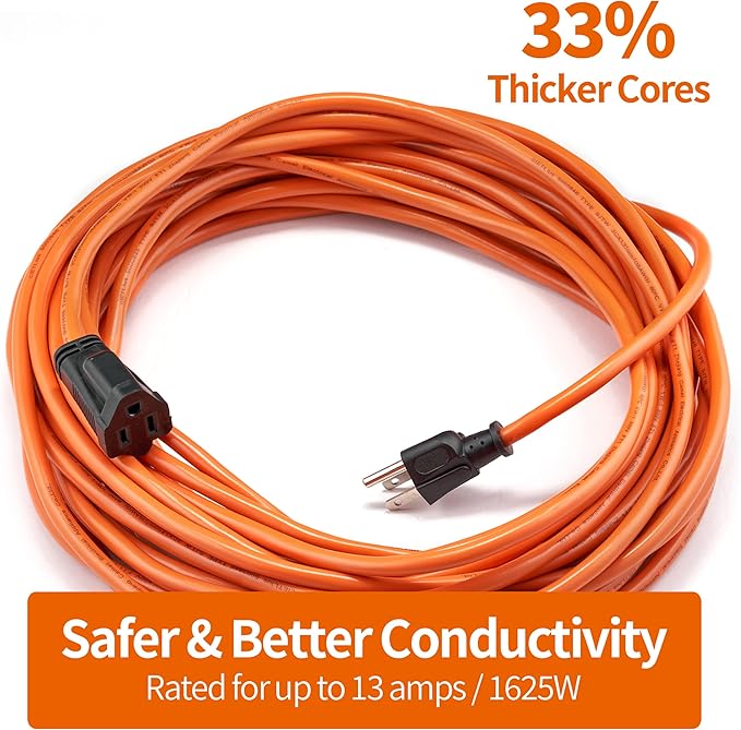 KTMC 50ft 16AWG Outdoor Extension Cord, Indoor/Outdoor 50-Foot SJTW 16/3 Gauge Extension Cable with Durable Weatherproof PVC Vinyl Jacket, 3-Prong Grounded Plug, ETL Certified 13A 1625W, Orange