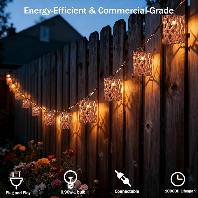 Decorative String Lights Plug in with 10 Incandescent Bulbs, Handwoven Rattan Cylinder-shaped Boho Lantern String Lights Connectable Weatherproof Outdoor Indoor for Bedroom Patio Pergola Decor (Brown)