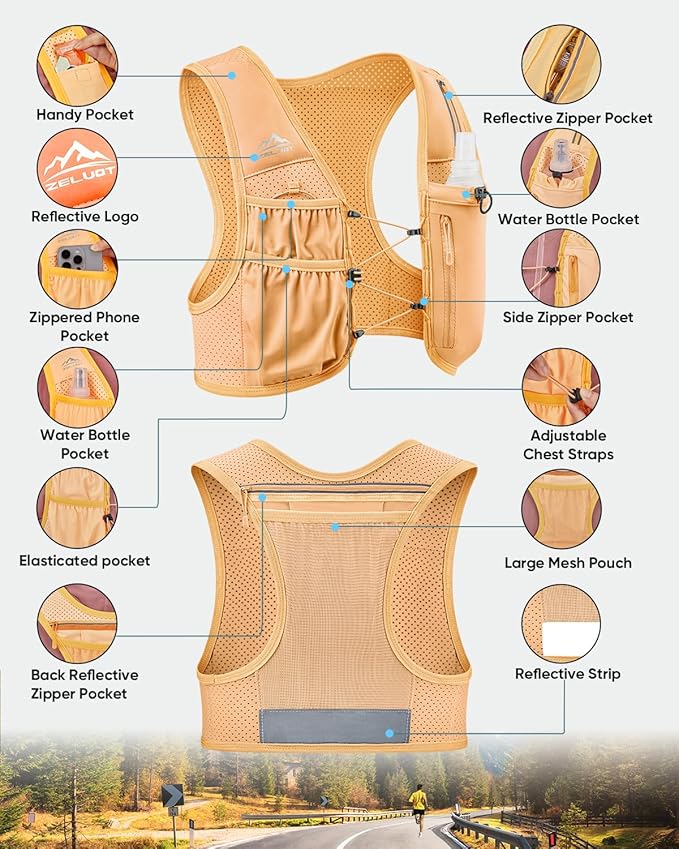 Zelvot Running Vest for Women Men, USA Original Patent, Adjustable Chest Straps Running Hydration Vest with 500ml Soft Flask, Lightweight Reflective Hydration Backpack for Marathon