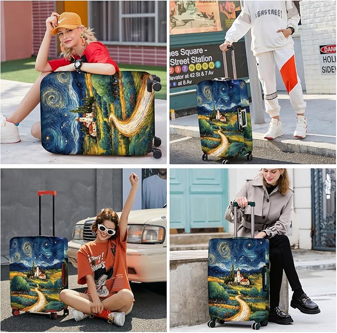 ANNA QUEEN Starry Night Landscape Luggage Cover, Artistic Oil Painting Style Suitcase Protector for 32-34 Inch Bags