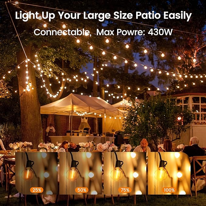 OHLUX Outdoor String Lights, 27FT LED Patio Lights with 13 Dimmable Plastic G40 Globe Bulbs(1 Spare), 2200K Waterproof Connectable Hanging Lights for Backyard Porch Cafe Party Decor E12 Socket Base