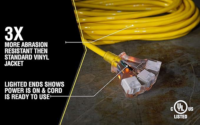 Southwire Outdoor Extension Cord - Power Light Indicator Cable for Heavy Duty Tools - SJTW - 12 Gauge - Water Resistant - High Visibility - Yellow - 50 Foot