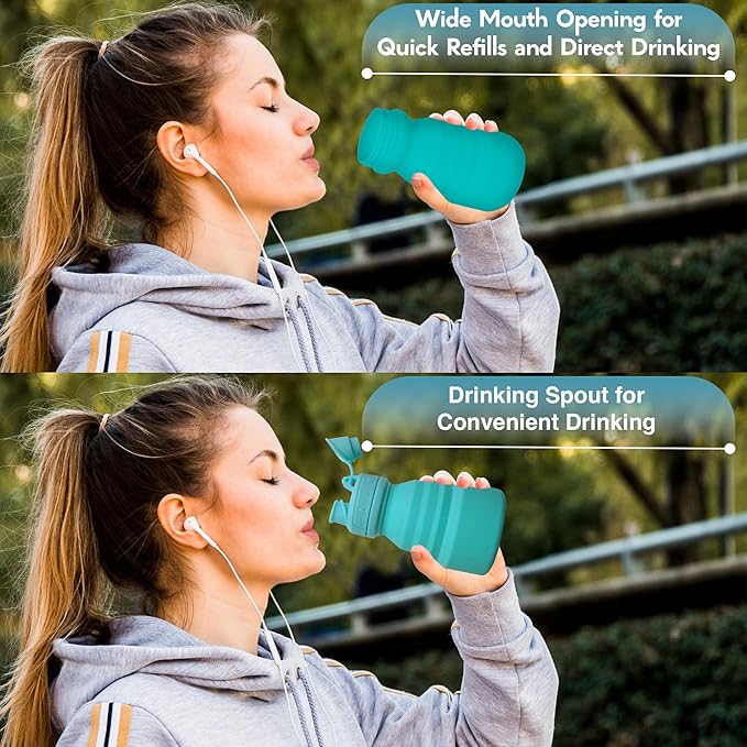 Collapsible Water Bottles 17oz, Odorless BPA-Free Silicone, Leak-Proof Foldable Reusable Bottle - Perfect for Travel Sports Gym Hiking Camping Cycling - Water Blue
