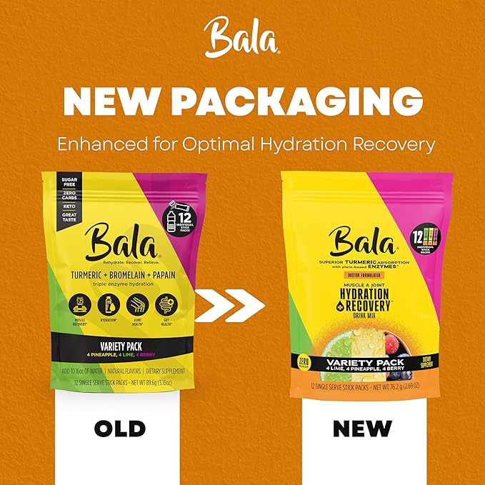 Bala Total Body Wellness Drink Mix, Hydrate & Recover Variety Pack, Pineapple, Lime & Berry, 4 Per Flavor, Zero Sugar Electrolytes Powder Packets with Enzymes & Amino Acids, Turmeric Drink, 12 Count