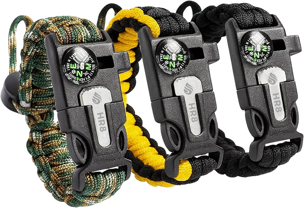 HR8 Paracord Survival Bracelet (3 Pack) – Adjustable Paracord Bracelets, Hunting Gear with Fire Starter, Compass, Whistle & 12ft 550 Cord – Camping & Hunting Essentials (Black, Camo, Yellow)