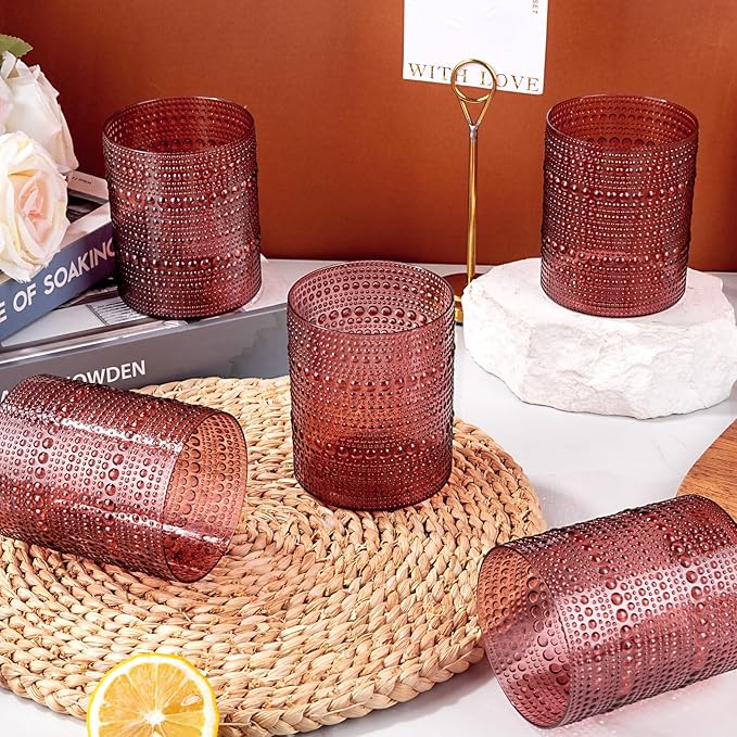 18PCS Plastic Hobnail Drinking Glasses - 14 Oz Burgundy Vintage Glasses Mixed Drinkware Sets - Disposable Beaded Cups for Beer, Whiskey, Juice, Cocktail, Wine, Party