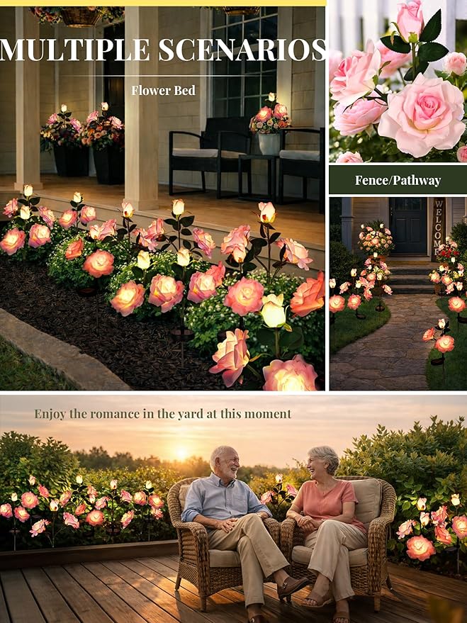 GIGALUMI Solar Lights Outdoor for Garden Decor, 3 Pack Solar Flower Lights Waterproof, 2 Lighting Modes 9 Roses for Pathway,Yard, Patio Decoration, Gardening Gifts for Women (Pink)