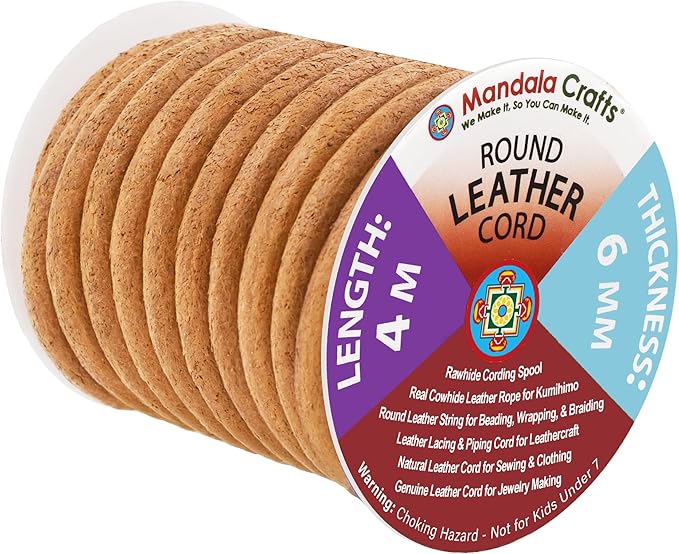 Mandala Crafts Round Genuine Tan Leather Cord for Jewelry Making – 6mm Cowhide Leather Rope String Lace for Kumihimo – 4.4 Yards Cowhide Craft Cording Spool