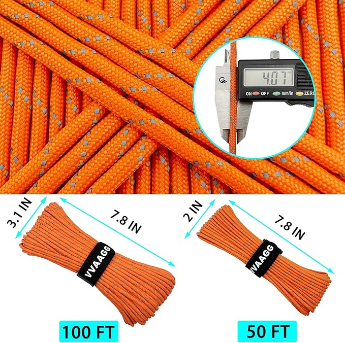 VVAAGG Reflective Paracord Rope 100FT, 7 Strand Nylon para Cord Lanyard Utility 550 Parachute Cord, 4mm Thin Tent Rope for Outdoor Camping Hiking