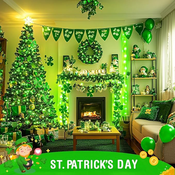 JMEXSUSS Green St Patricks Day Lights Indoor Outdoor Clear Wire, 200 LED Green Christmas String Lights for St Patricks Day Spring Tree Garden Decor, Connectable