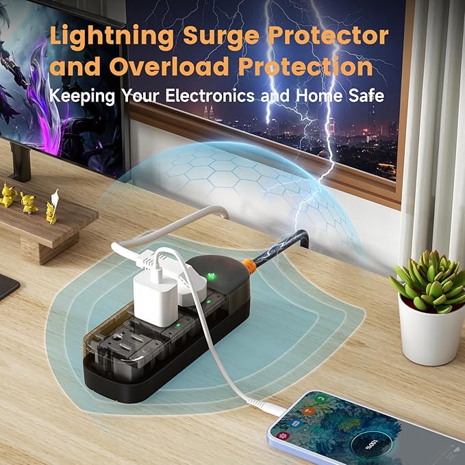 Outdoor Power Strip Weatherproof 6 FT Outdoor Extension Cord Waterproof Surge Protector Power Strip, 3 AC Outlets, 1625W - for Camping, Home, Office, Garden, Dorm, FCC UL Listed